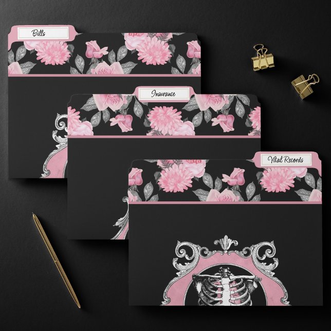 Gothic Love | Pink and Black Skeleton Heart Floral File Folder (Creator Uploaded)