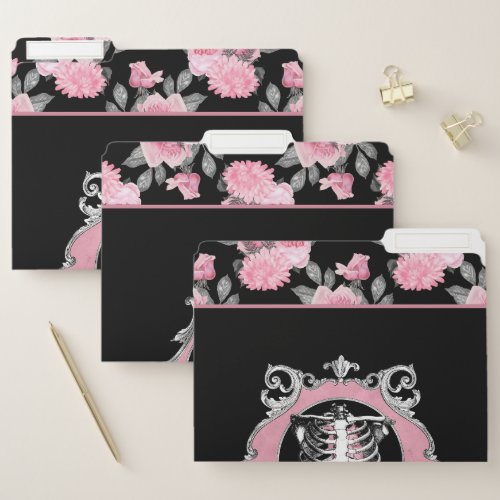 Gothic Love  Pink and Black Skeleton Heart Floral File Folder