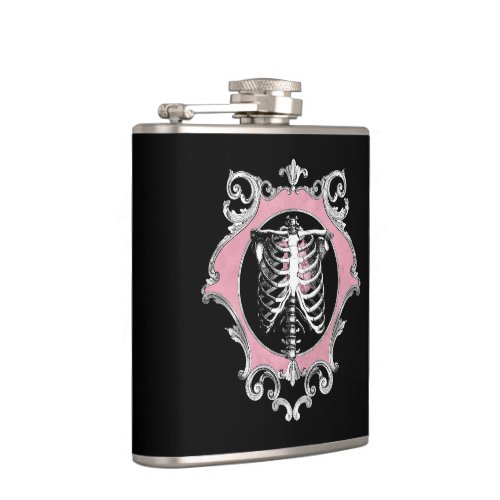 Gothic Love  Pink and Black Skeleton Heart Floral Flask