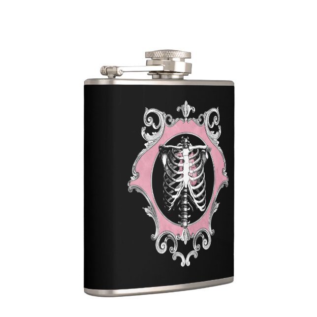 Gothic Love | Pink and Black Skeleton Heart Floral Flask (Right)