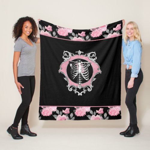 Gothic Love  Pink and Black Skeleton Heart Floral Fleece Blanket