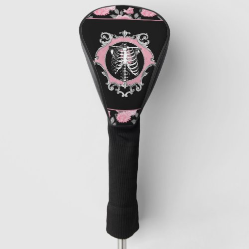 Gothic Love  Pink and Black Skeleton Heart Floral Golf Head Cover