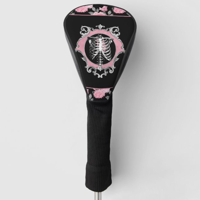 Gothic Love | Pink and Black Skeleton Heart Floral Golf Head Cover (Front)