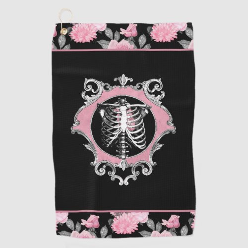 Gothic Love  Pink and Black Skeleton Heart Floral Golf Towel