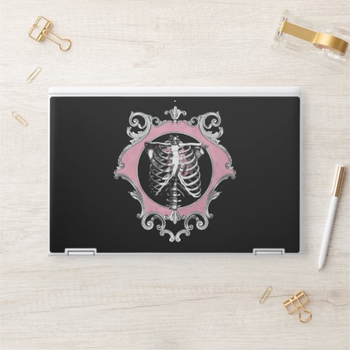 Gothic Love  Pink and Black Skeleton Heart Floral HP Laptop Skin
