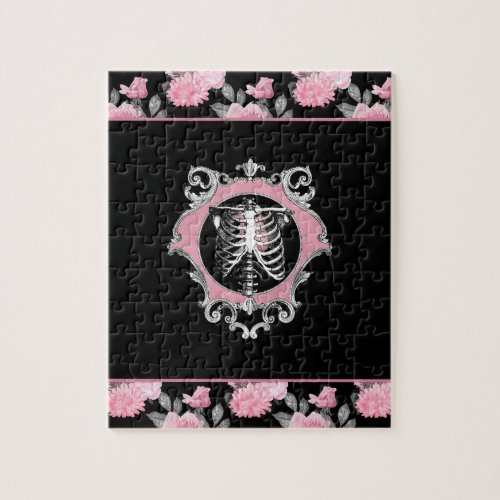 Gothic Love  Pink and Black Skeleton Heart Floral Jigsaw Puzzle