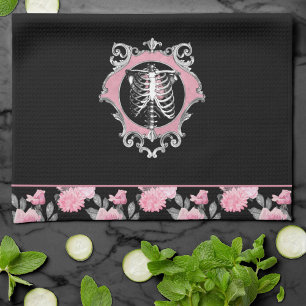 Gothic Love   Pink and Black Skeleton Heart Floral Kitchen Towel