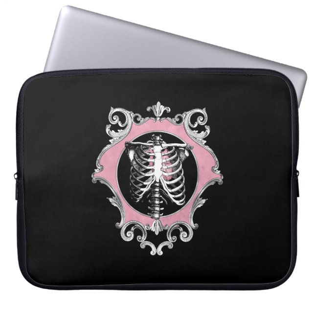 Gothic Love | Pink and Black Skeleton Heart Floral Laptop Sleeve (Front)