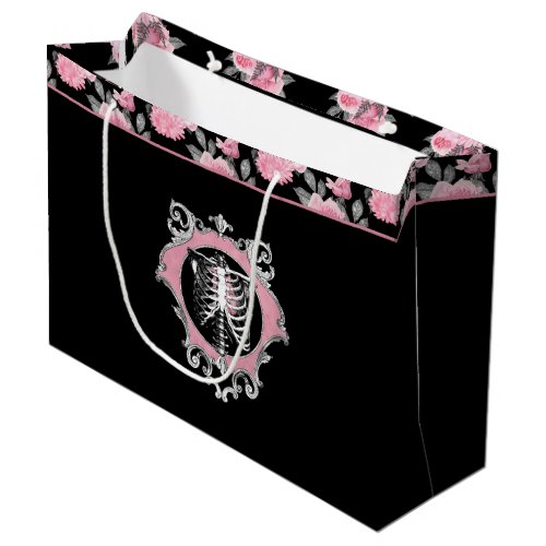 Gothic Love  Pink and Black Skeleton Heart Floral Large Gift Bag