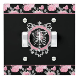 Gothic Love Pink and Black Skeleton Heart Floral Light Switch Cover