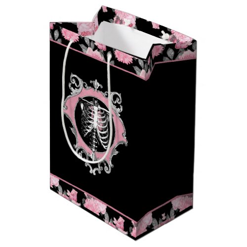 Gothic Love  Pink and Black Skeleton Heart Floral Medium Gift Bag