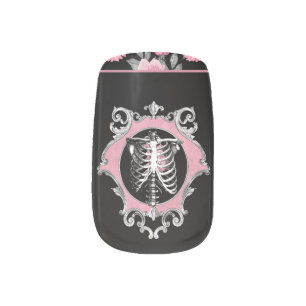 Gothic Love Pink and Black Skeleton Heart Floral Minx Nail Art