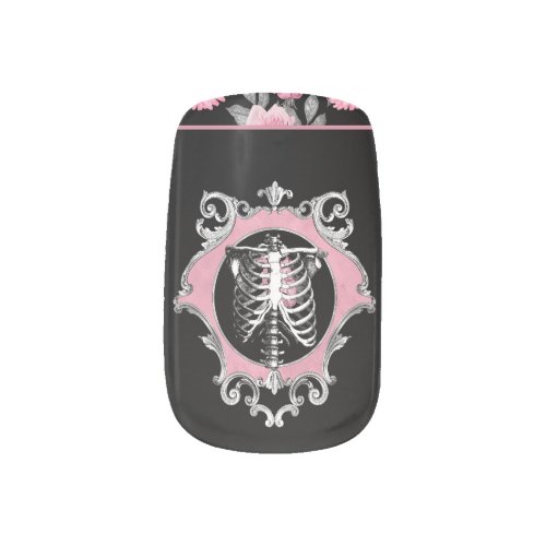 Gothic Love  Pink and Black Skeleton Heart Floral Minx Nail Art