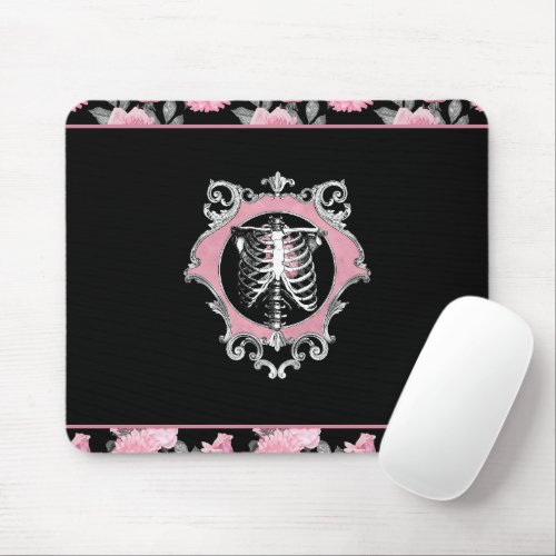 Gothic Love  Pink and Black Skeleton Heart Floral Mouse Pad