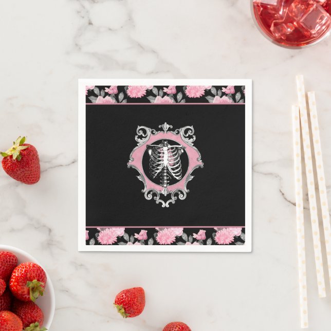 Gothic Love | Pink and Black Skeleton Heart Floral Napkins (Insitu)