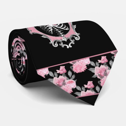 Gothic Love  Pink and Black Skeleton Heart Floral Neck Tie