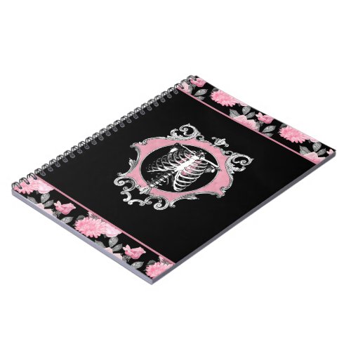 Gothic Love  Pink and Black Skeleton Heart Floral Notebook