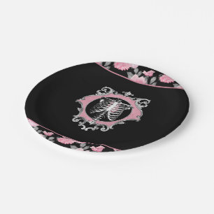 Gothic Love Pink and Black Skeleton Heart Floral Paper Plates