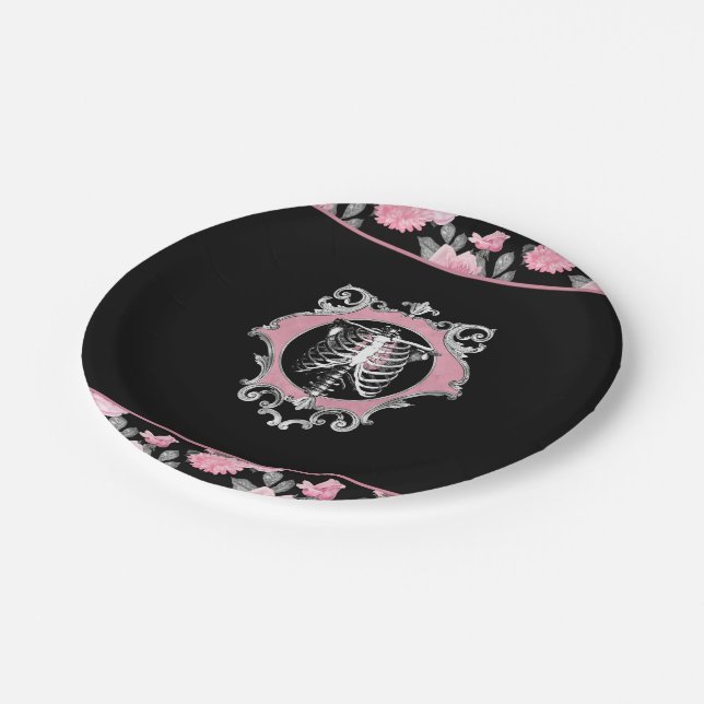 Gothic Love | Pink and Black Skeleton Heart Floral Paper Plates (Angled)