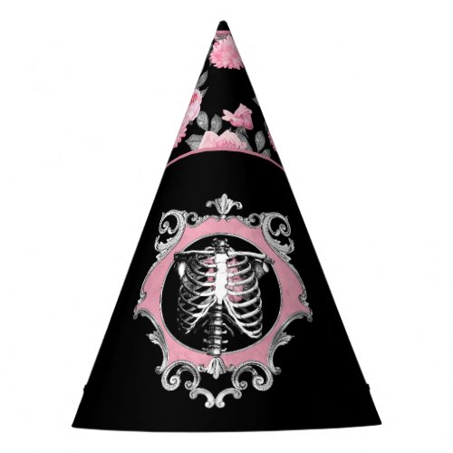 Gothic Love  Pink and Black Skeleton Heart Floral Party Hat