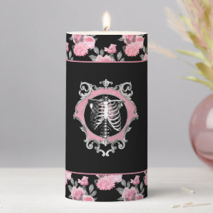 Gothic Love Pink and Black Skeleton Heart Floral Pillar Candle