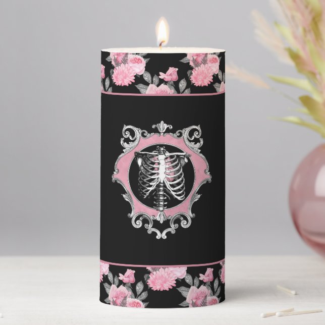 Gothic Love | Pink and Black Skeleton Heart Floral Pillar Candle (In Situ)