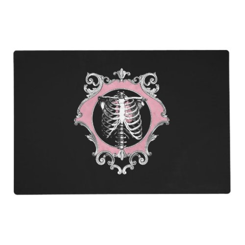Gothic Love  Pink and Black Skeleton Heart Floral Placemat