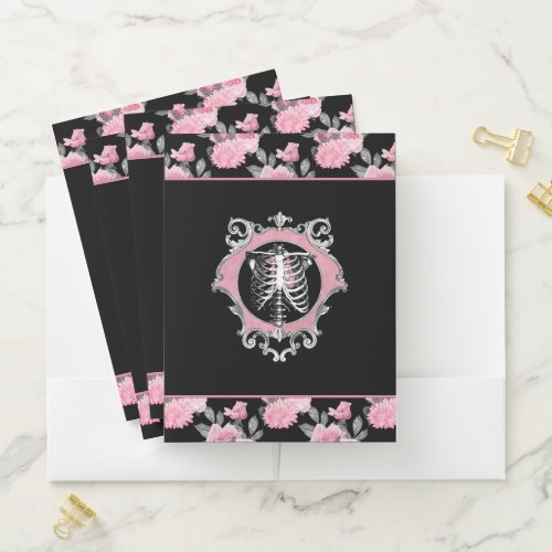 Gothic Love  Pink and Black Skeleton Heart Floral Pocket Folder