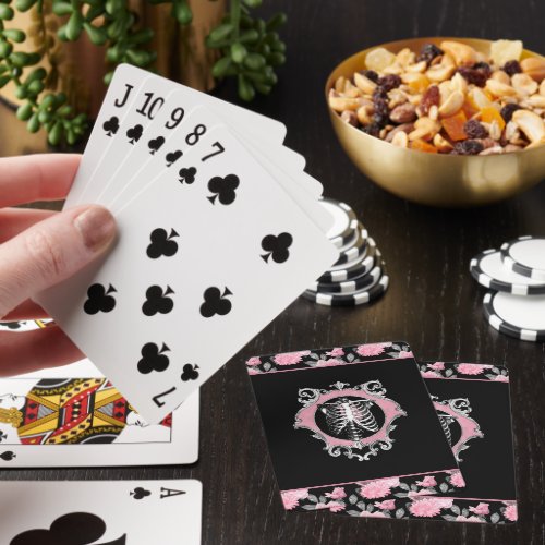 Gothic Love  Pink and Black Skeleton Heart Floral Poker Cards