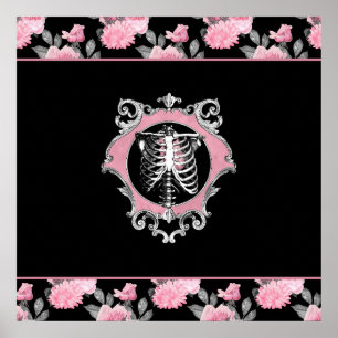 Gothic Love Pink and Black Skeleton Heart Floral Poster