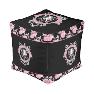 Gothic Love   Pink and Black Skeleton Heart Floral Pouf