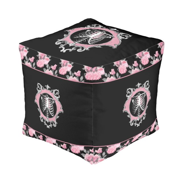 Gothic Love | Pink and Black Skeleton Heart Floral Pouf (Angled Front)