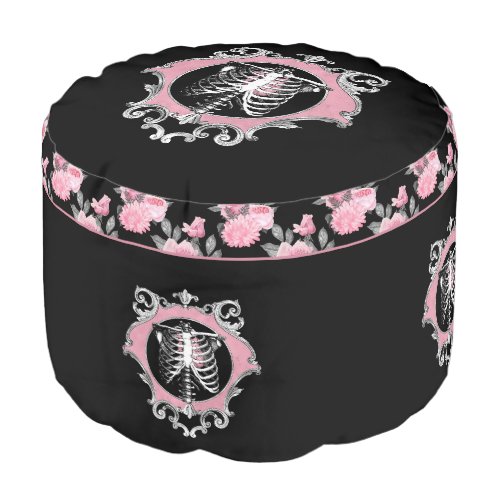Gothic Love  Pink and Black Skeleton Heart Floral Pouf