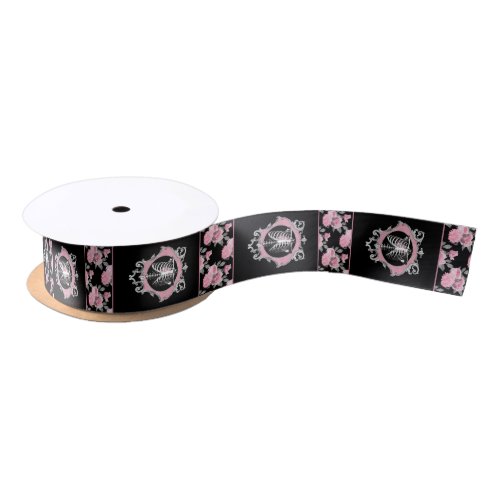 Gothic Love  Pink and Black Skeleton Heart Floral Satin Ribbon
