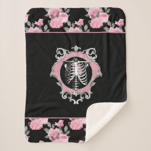 Gothic Love  Pink and Black Skeleton Heart Floral Sherpa Blanket