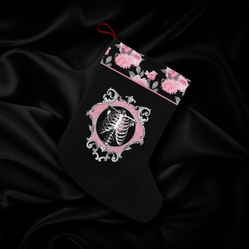 Gothic Love  Pink and Black Skeleton Heart Floral Small Christmas Stocking