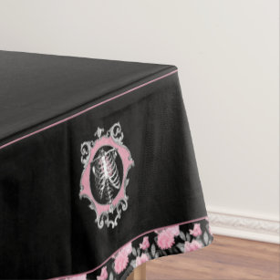 Gothic Love   Pink and Black Skeleton Heart Floral Tablecloth