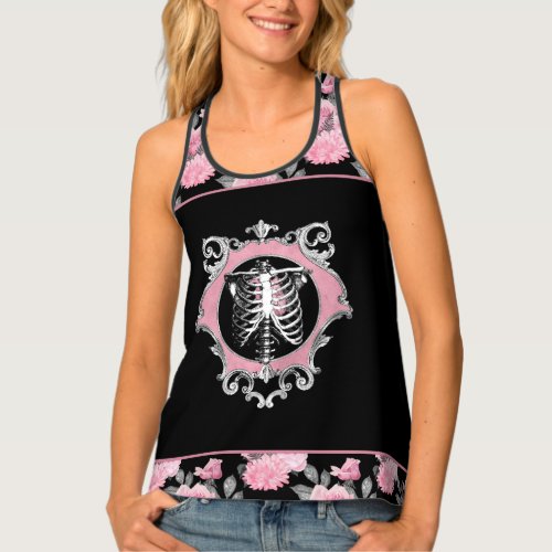 Gothic Love  Pink and Black Skeleton Heart Floral Tank Top