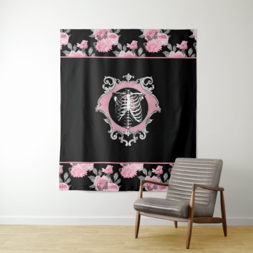 Gothic Love  Pink and Black Skeleton Heart Floral Tapestry