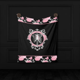 Gothic Love   Pink and Black Skeleton Heart Floral Tapestry