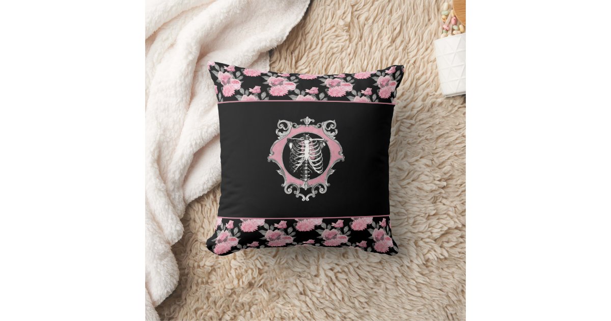 Goth Pink Skull Damask Halloween Glam Goth Black Throw Pillow