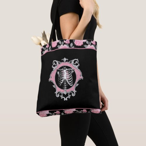 Gothic Love  Pink and Black Skeleton Heart Floral Tote Bag