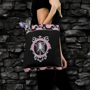 Gothic Love   Pink and Black Skeleton Heart Floral Tote Bag