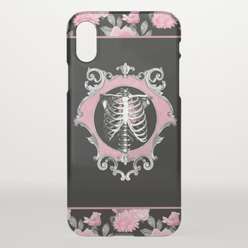 Gothic Love  Pink and Black Skeleton Heart Floral iPhone X Case