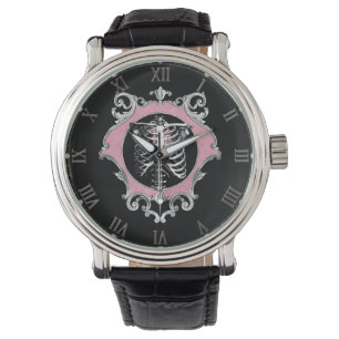 Gothic Love Pink and Black Skeleton Heart Floral Watch