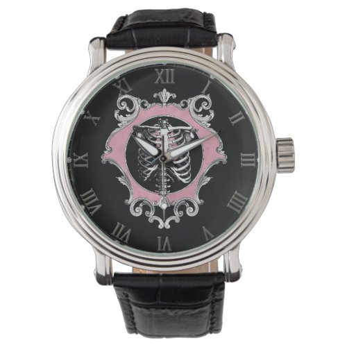 Gothic Love  Pink and Black Skeleton Heart Floral Watch
