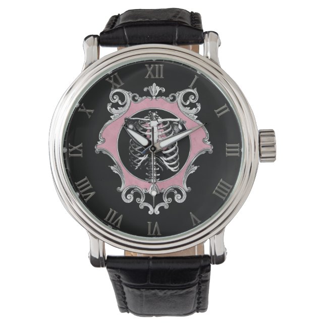 Gothic Love | Pink and Black Skeleton Heart Floral Watch (Front)