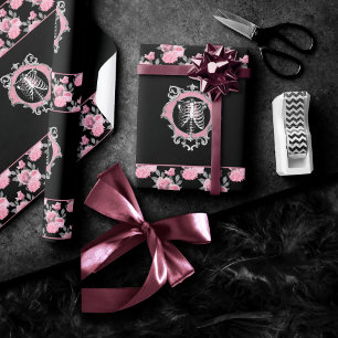 Gothic Love Pink and Black Skeleton Heart Floral Wrapping Paper