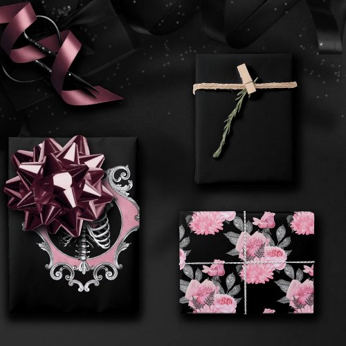 Gothic Love  Pink and Black Skeleton Heart Floral Wrapping Paper Sheets