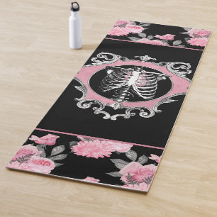 Gothic Love Pink and Black Skeleton Heart Floral Yoga Mat